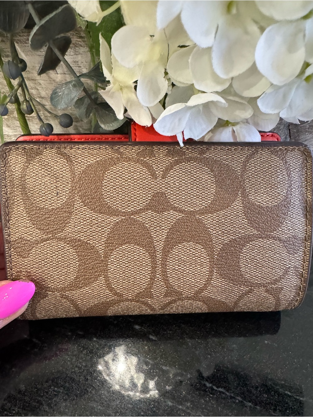 COACH Signature PVC Medium Snap Wallet Khaki Bright Coral Orange - Picture 2 of 10